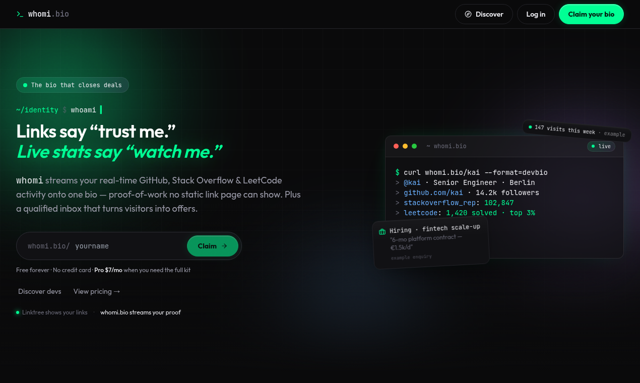 Homepage hero — whomi.bio launch screenshot