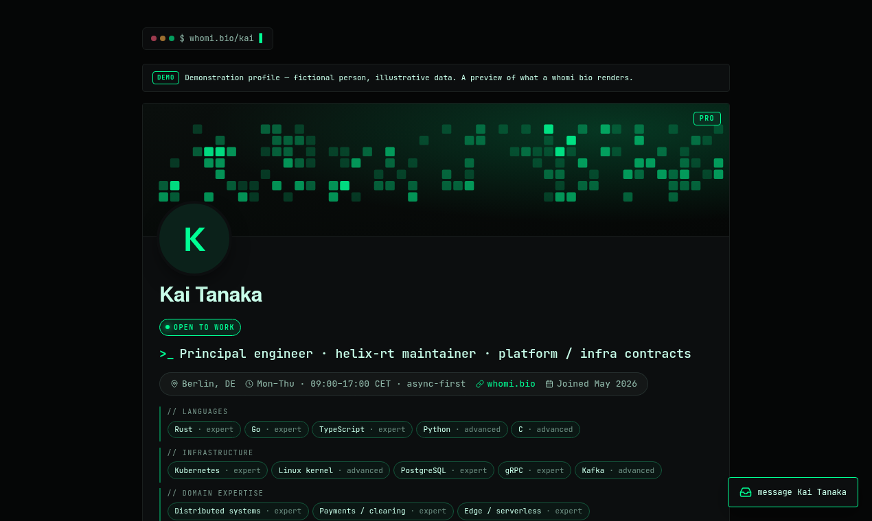 Live profile — whomi.bio launch screenshot