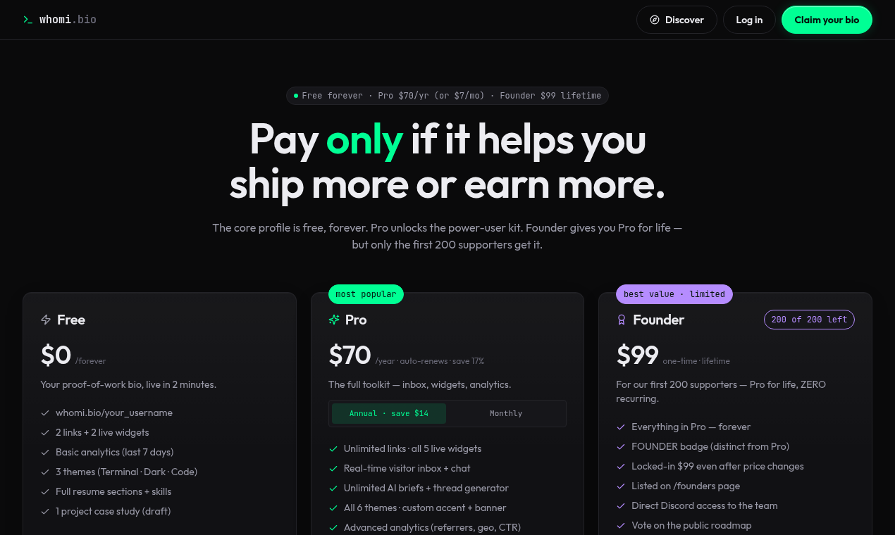 Pricing — whomi.bio launch screenshot