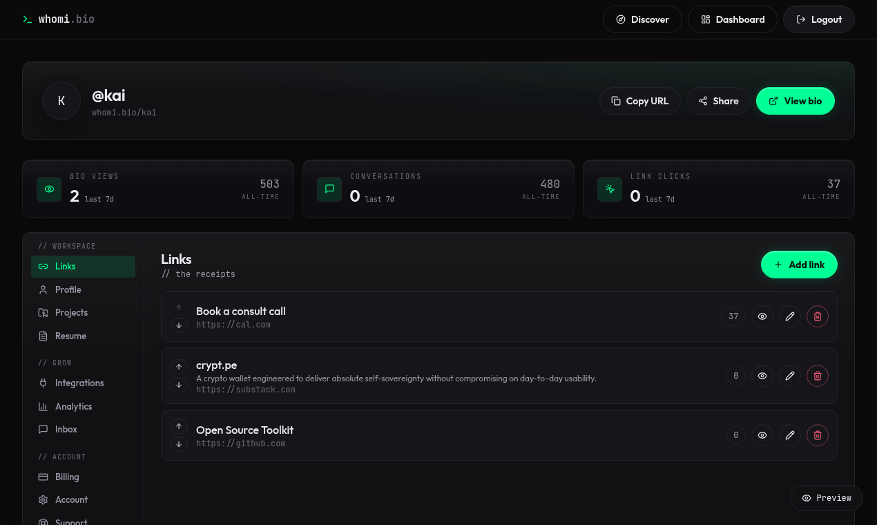 Dashboard · links — whomi.bio launch screenshot