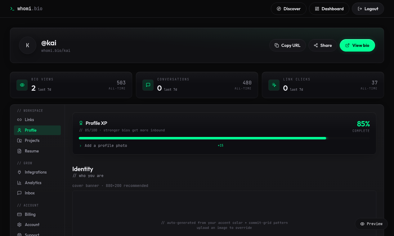 Dashboard · profile — whomi.bio launch screenshot