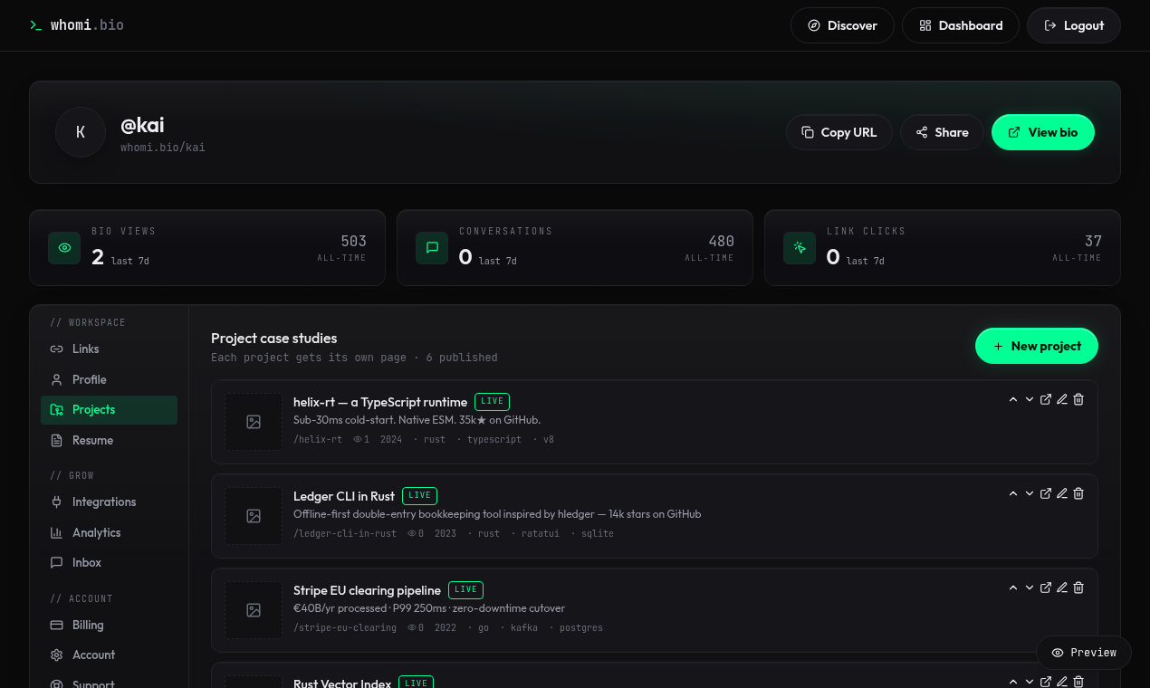 Dashboard · projects — whomi.bio launch screenshot