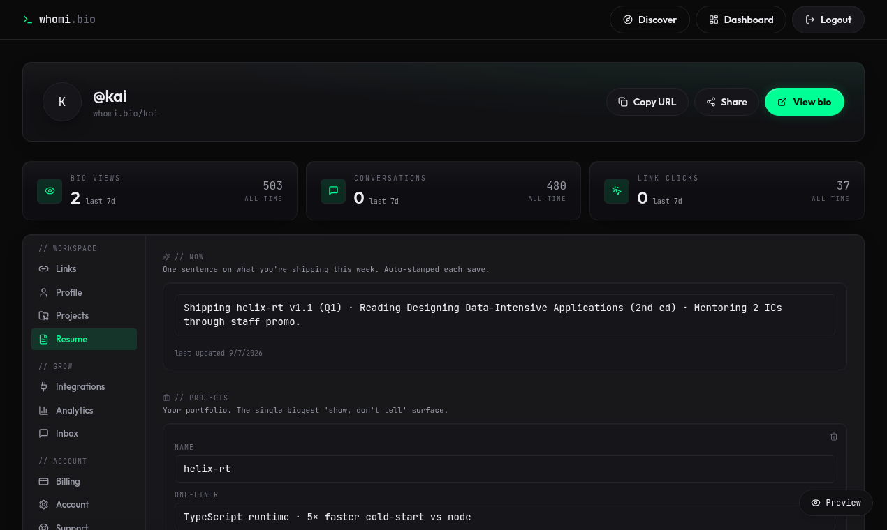 Dashboard · resume — whomi.bio launch screenshot