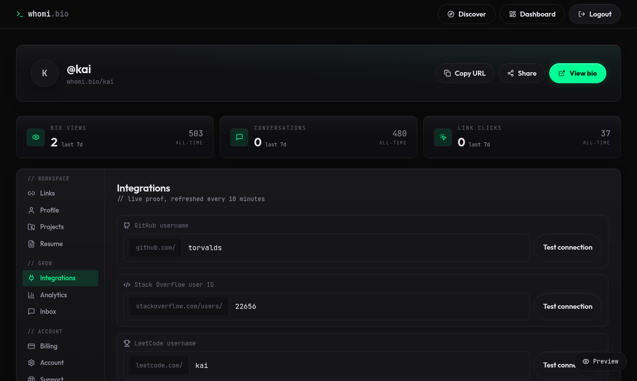 Dashboard · integrations — whomi.bio launch screenshot