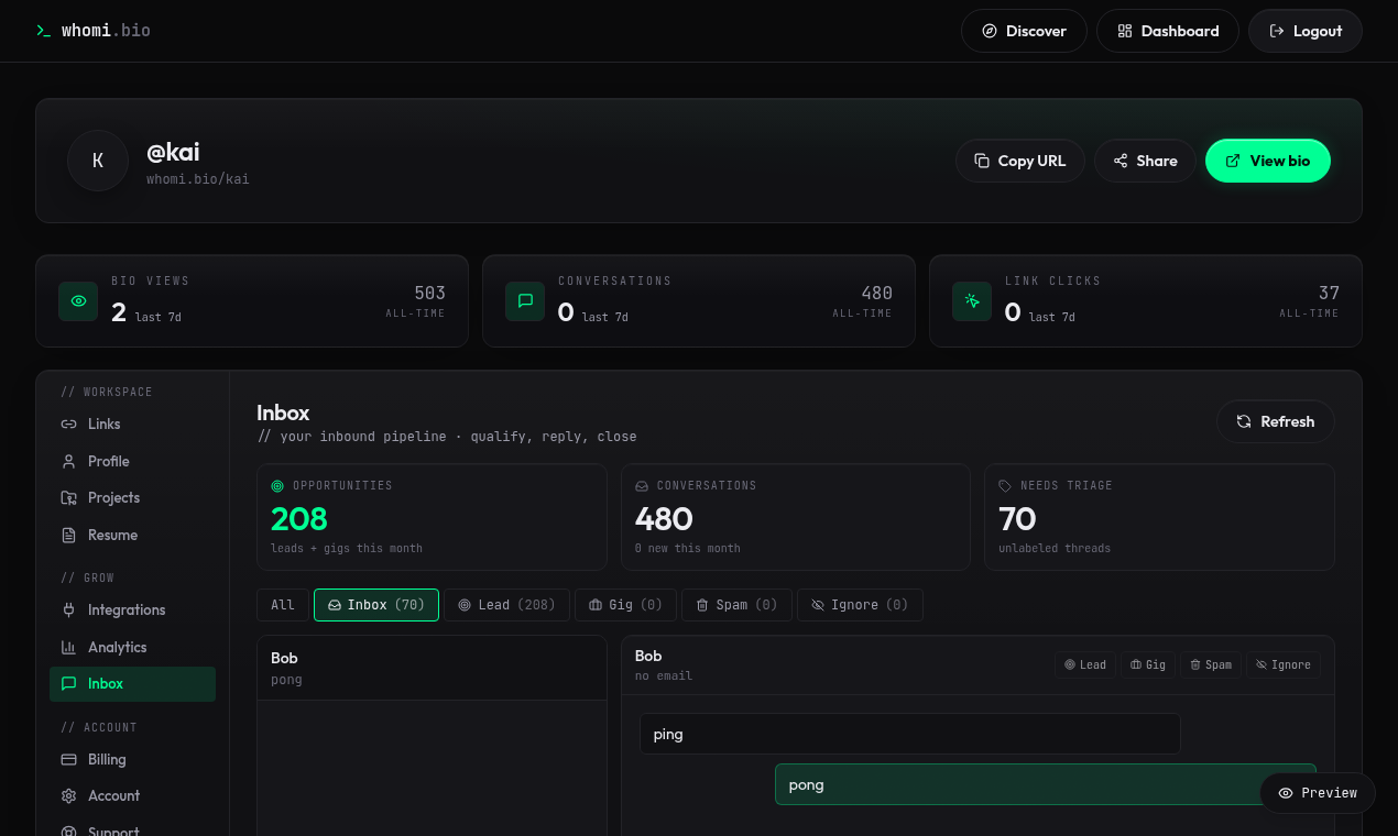 Dashboard · inbox — whomi.bio launch screenshot