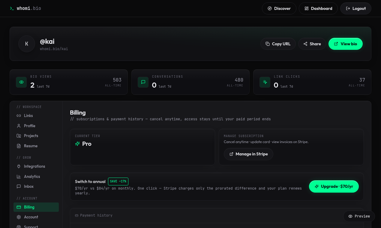 Dashboard · billing — whomi.bio launch screenshot